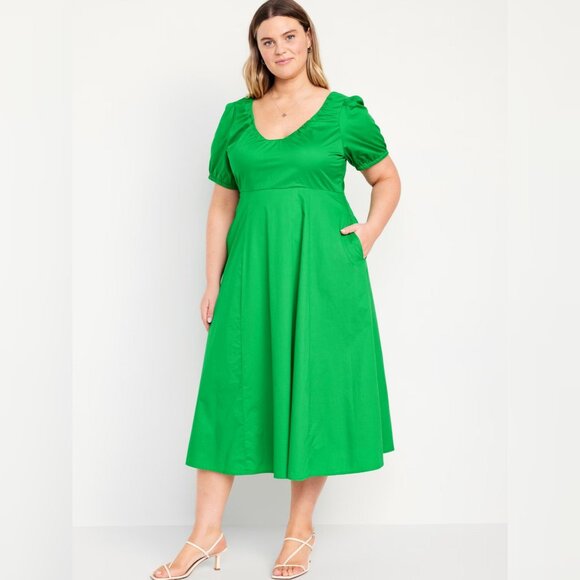 Old Navy | Puff-Sleeve Midi Swing Dress | Beach Cruiser Green NWT - Picture 1 of 2